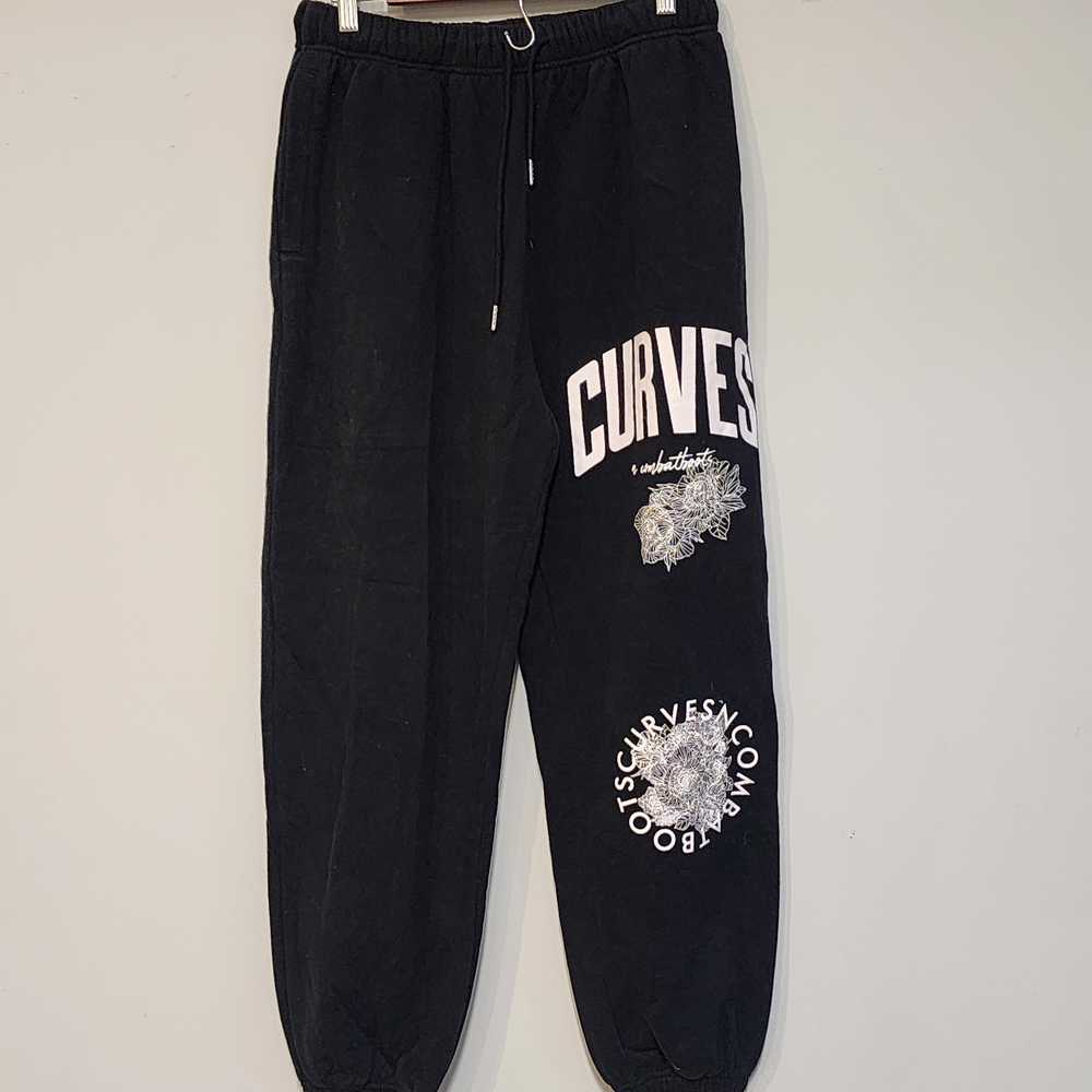 Black Heavy Sweat Pants Boyfriend Style with White Graphic Prints With Pockets.